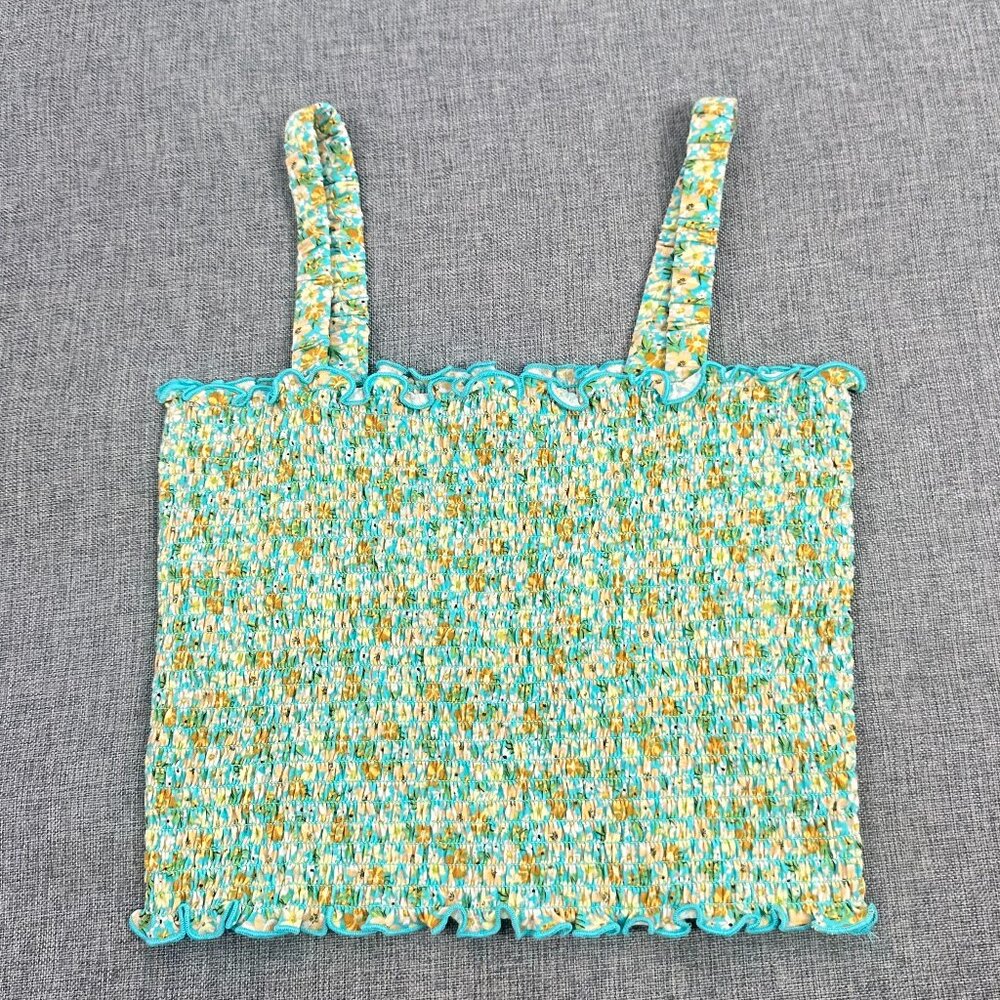 NEW Arizona Jean Crop Top Floral Turquoise M Stretch Cotton Blend Square Neck